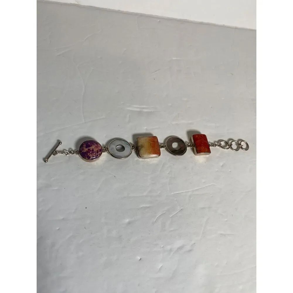 Artisan Sterling Silver Gemstone Bracelet 925 Purple Turquoise Fossil Coral MOP